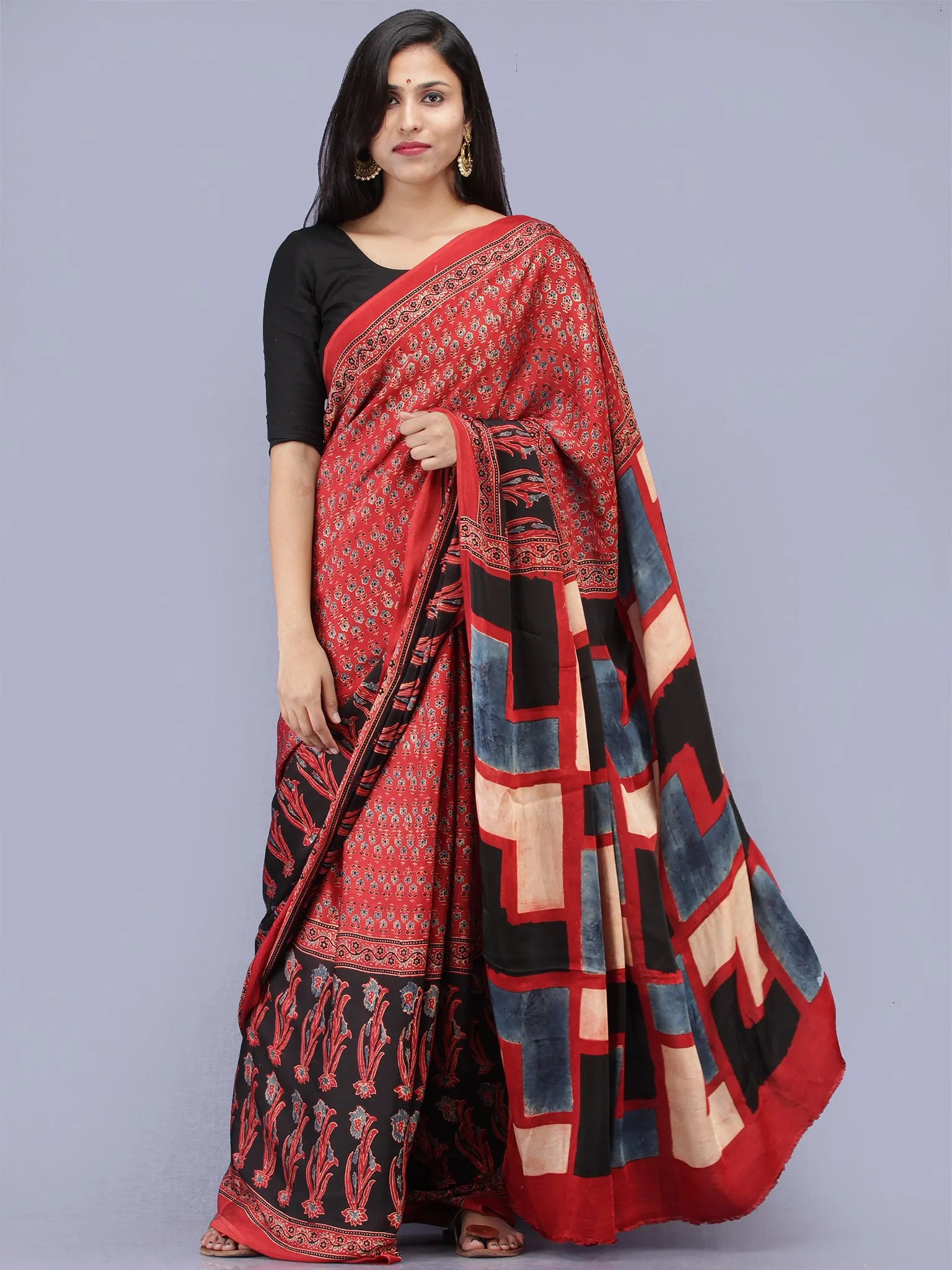 Crimson Red Indigo Black Ajrakh Hand Block Printed Modal Silk Saree - S031704227