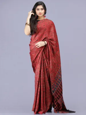 Crimson Red Indigo Black Ajrakh Hand Block Printed Modal Silk Saree - S031704228