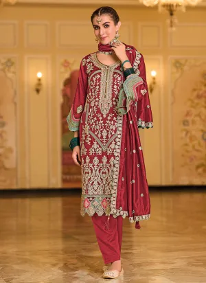 Crimson Red Multi Embroidered Traditional Salwar Suit