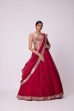 CRIMSON RED ORGANZA HAND EMBROIDERED LEHENGA SET