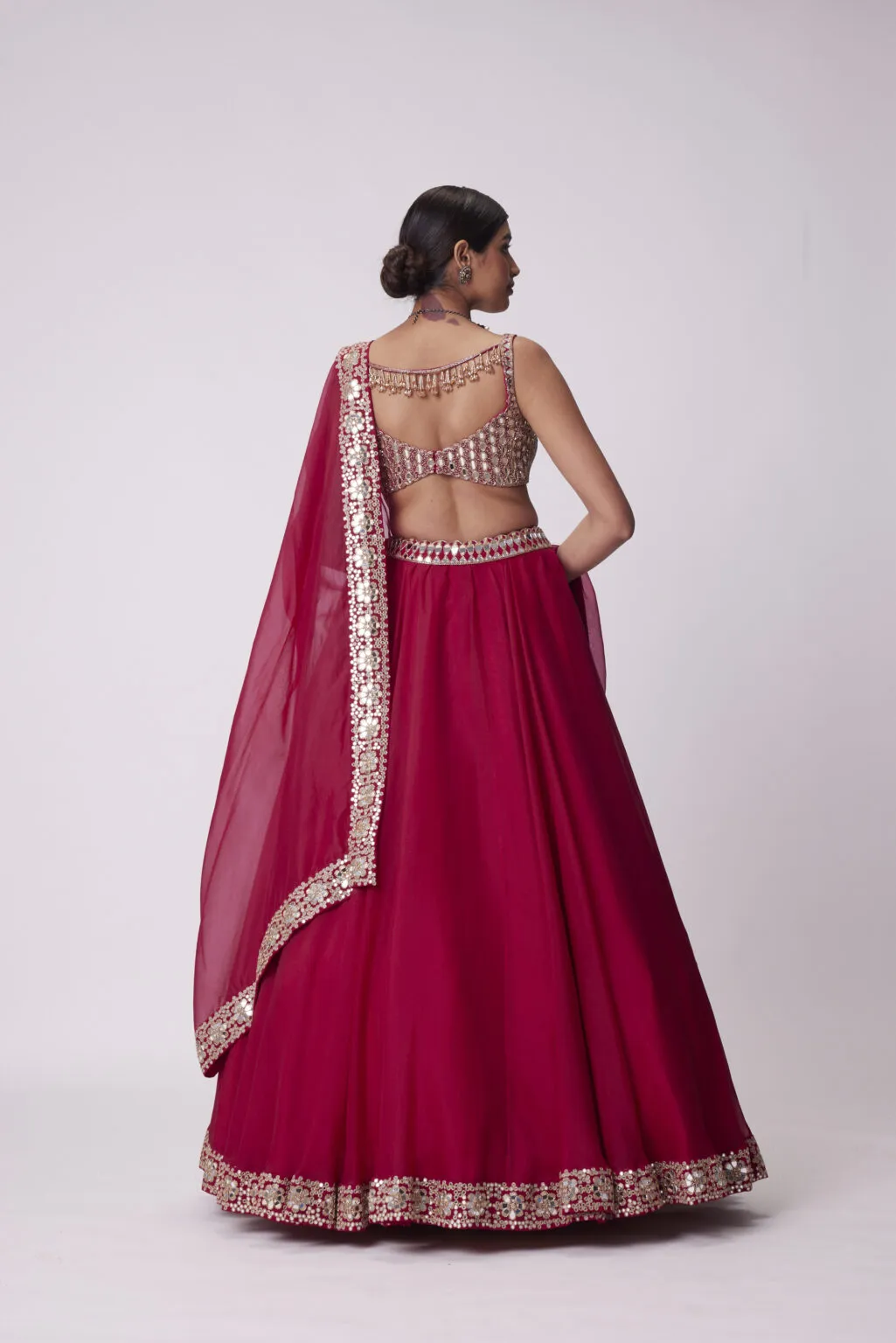 CRIMSON RED ORGANZA HAND EMBROIDERED LEHENGA SET