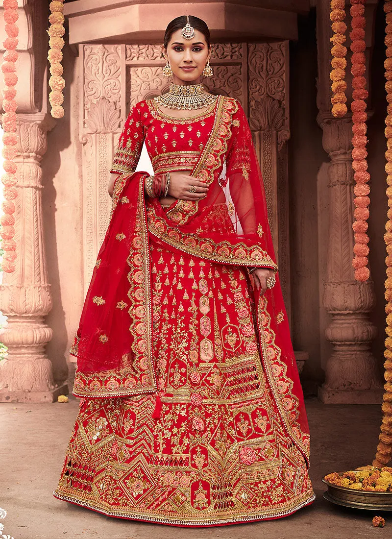 Crimson Red Zari Embroidered Designer Lehenga Choli