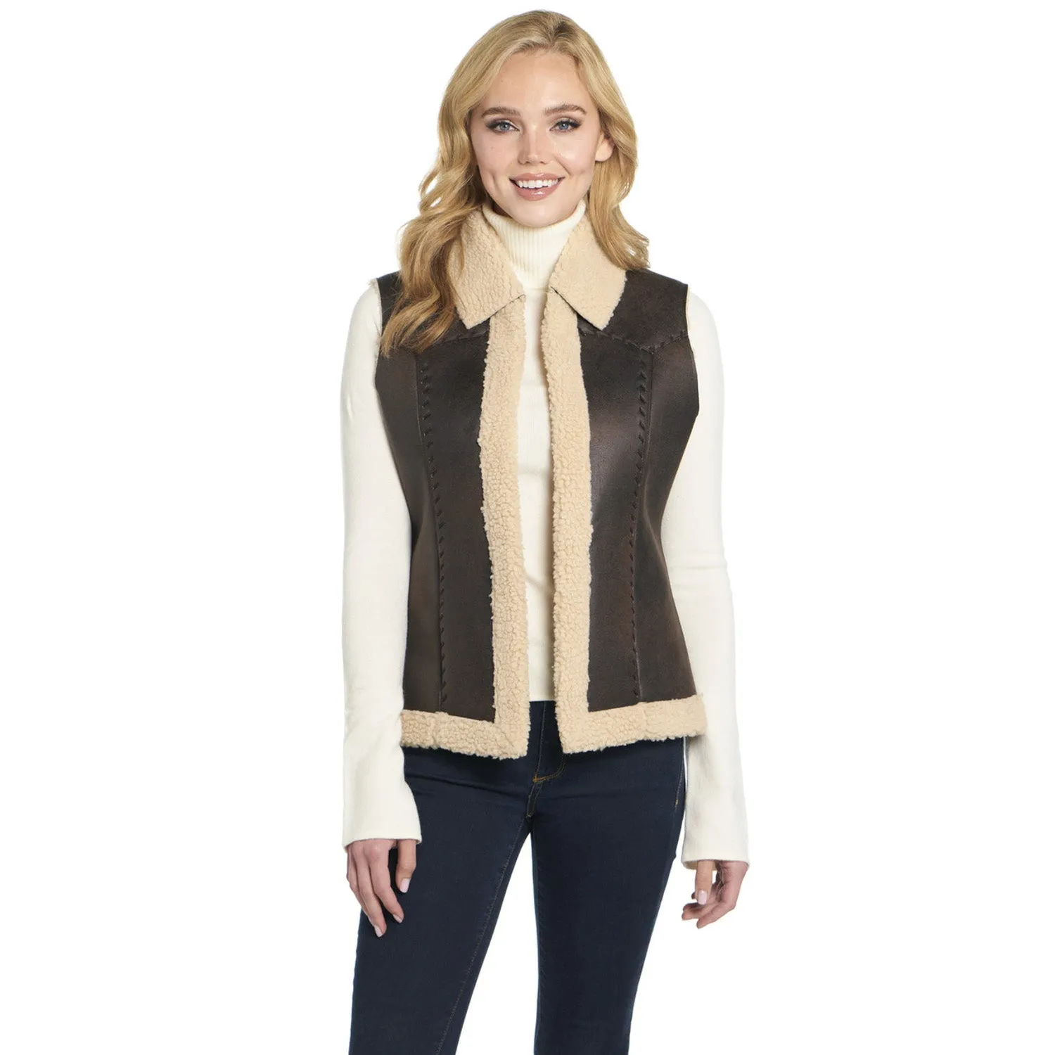 Cripple Creek Womens Open Front Vanilla Bean Faux Shearling Faux Fur Vest