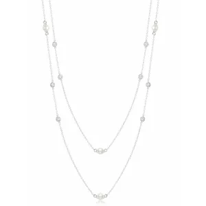 CRISLU Genuine Pearl 36" Multi Station Necklace with Bezel Set  Cubic Zirconia In Pure Platinum