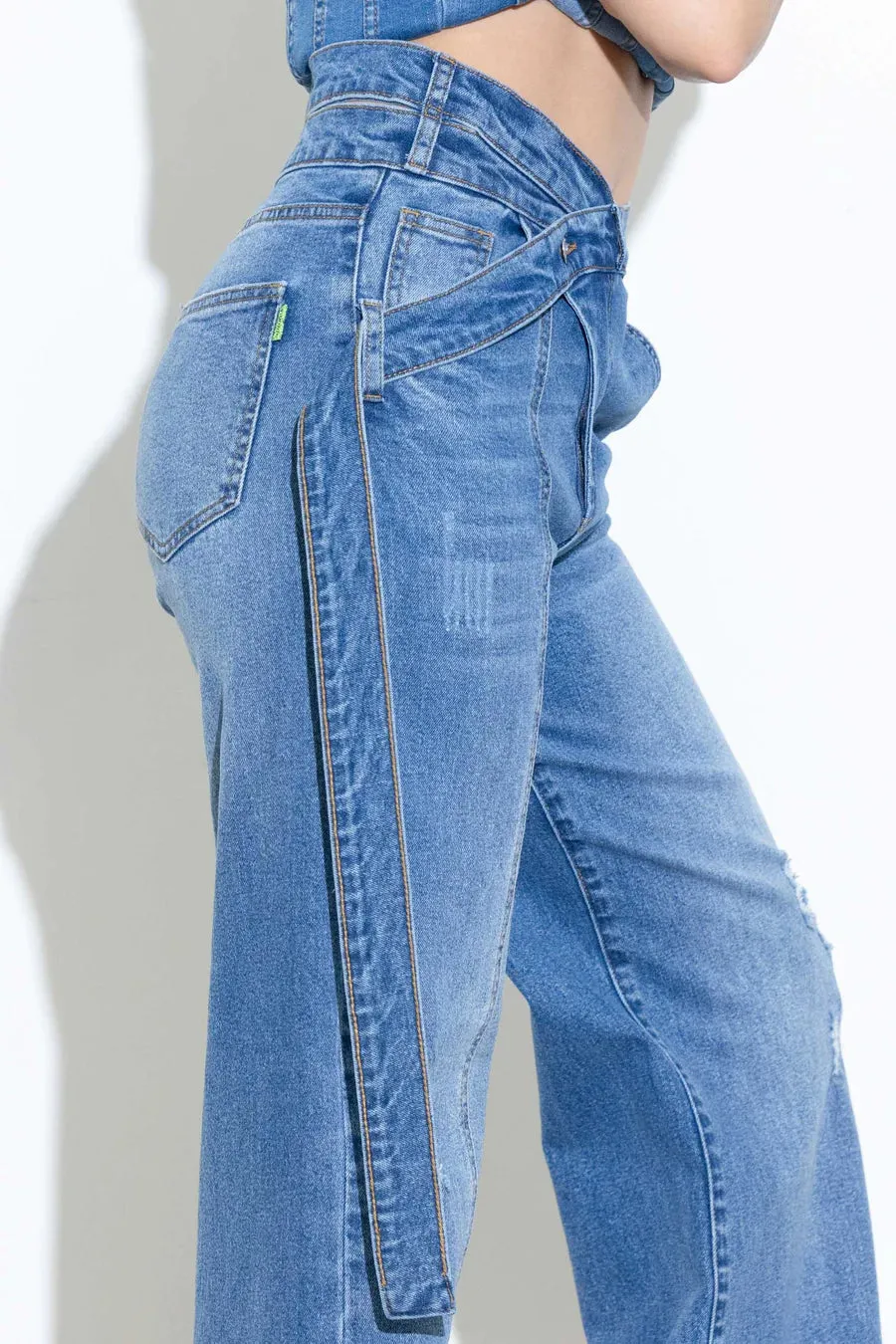 Criss Crossed Waist Line, Long Belted Wide Leg Jeans