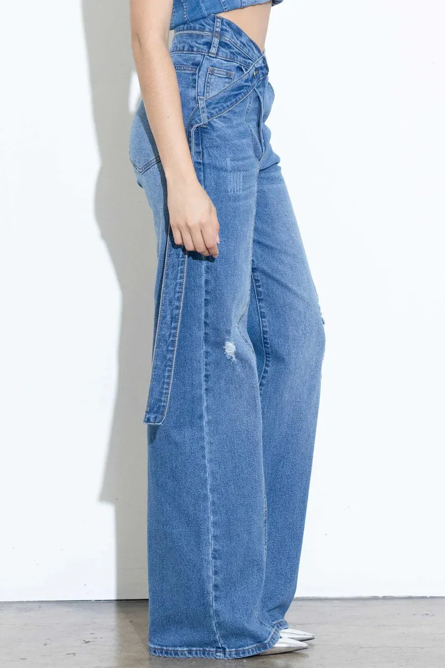 Criss Crossed Waist Line, Long Belted Wide Leg Jeans