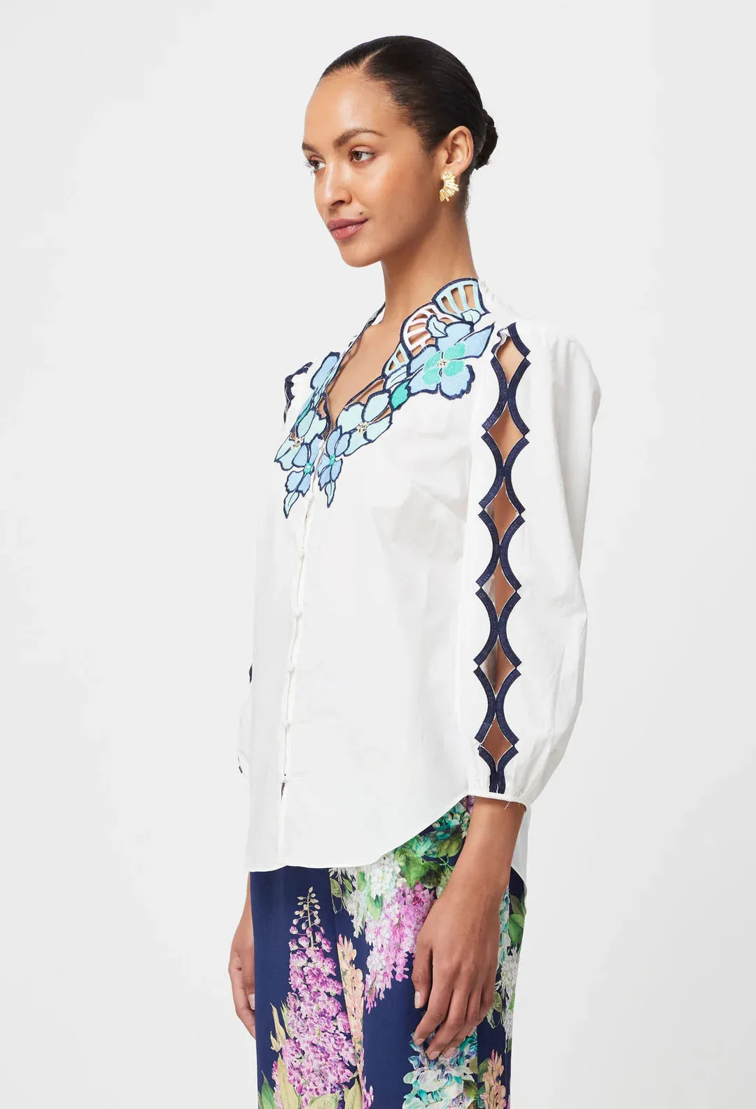 Cristina Embroidered Cotton Blouse in Ivory Bay