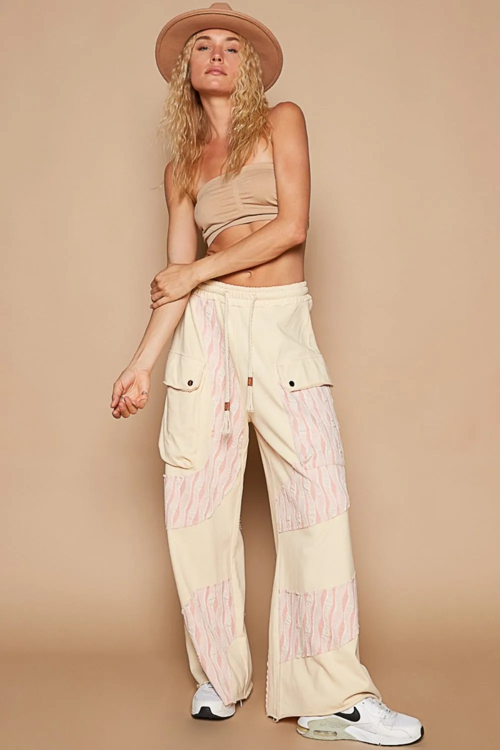 Crochet Contrast Drawstring Wide Leg Pants