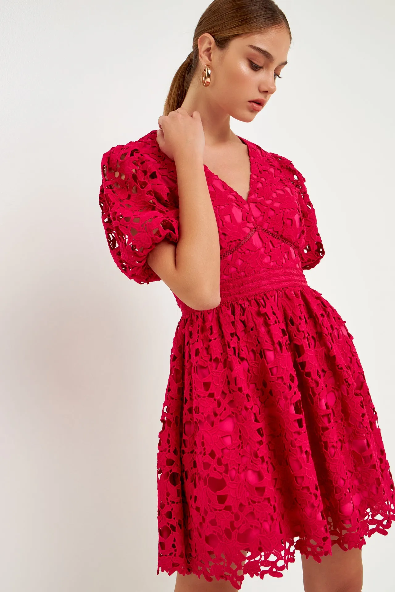 Crochet Lace Puff Sleeve Mini Dress