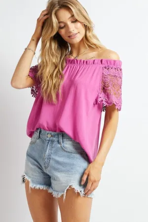 Crochet Lace Sleeveless Accent Off Shoulder Top *Online Only*