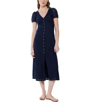 Crochet Midi Dress with Buttons Navy