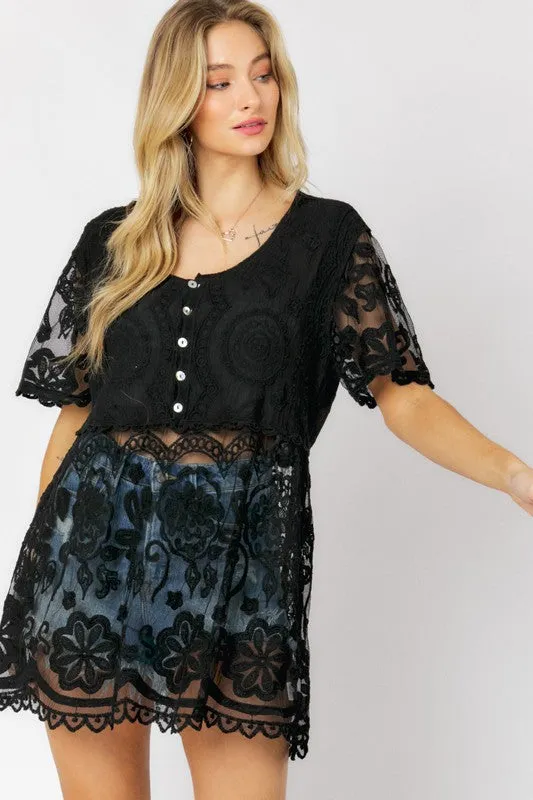 Crochet Round Neck Button Down Top  *Online Only*