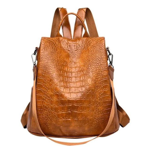 CrocLuxe Vintage Croc Pattern Leather Travel Backpack