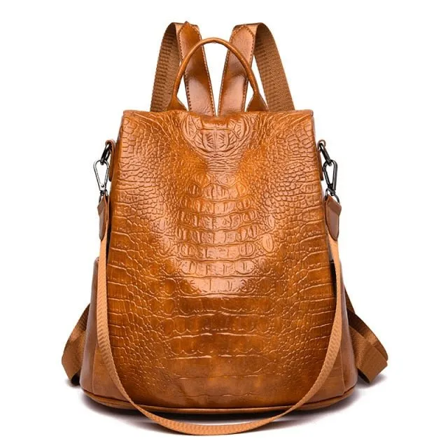 CrocLuxe Vintage Croc Pattern Leather Travel Backpack