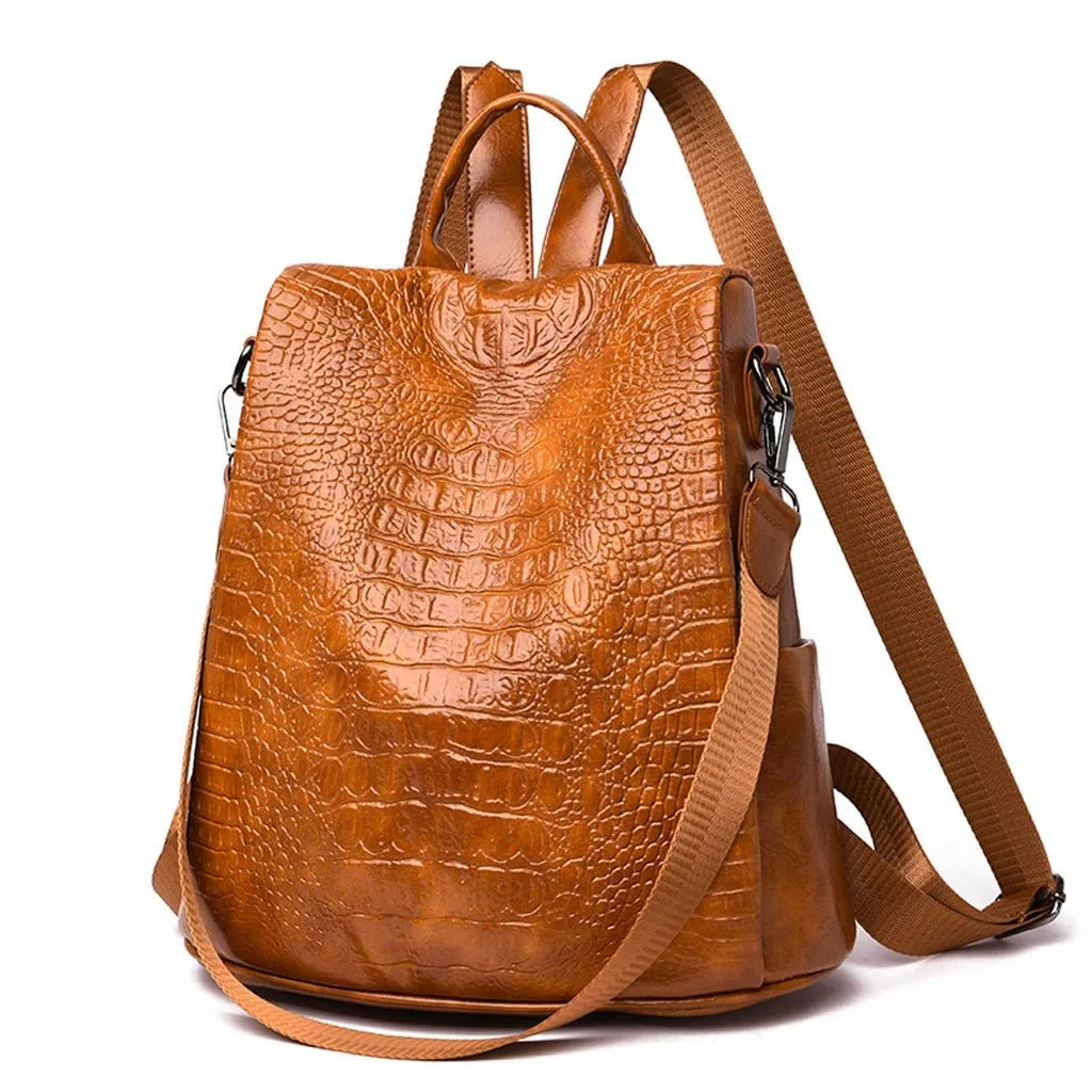 CrocLuxe Vintage Croc Pattern Leather Travel Backpack