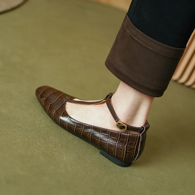 Crocodile Embossed T-strap Flat Shoes