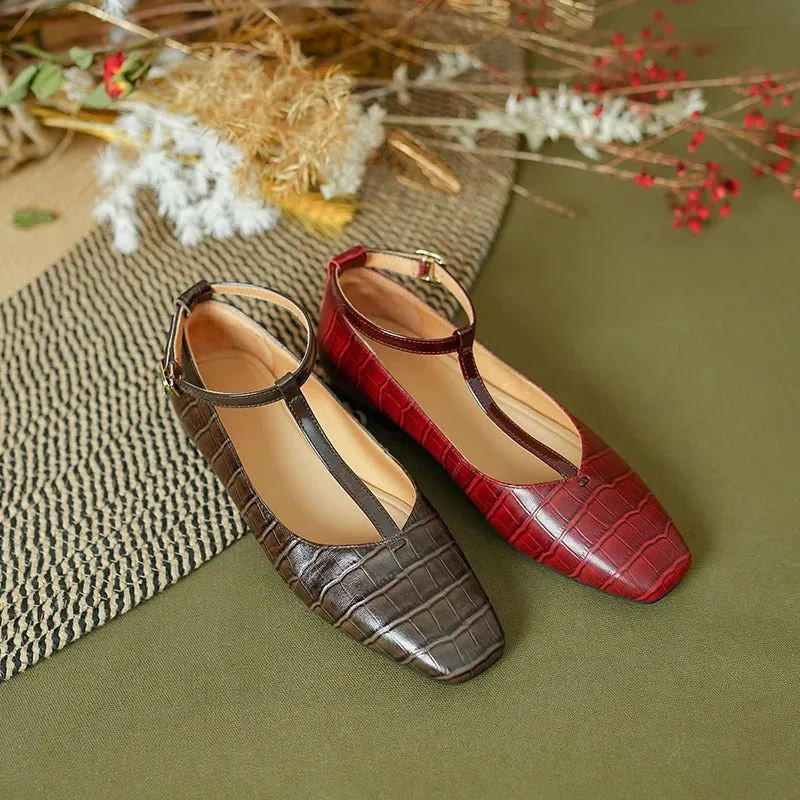 Crocodile Embossed T-strap Flat Shoes