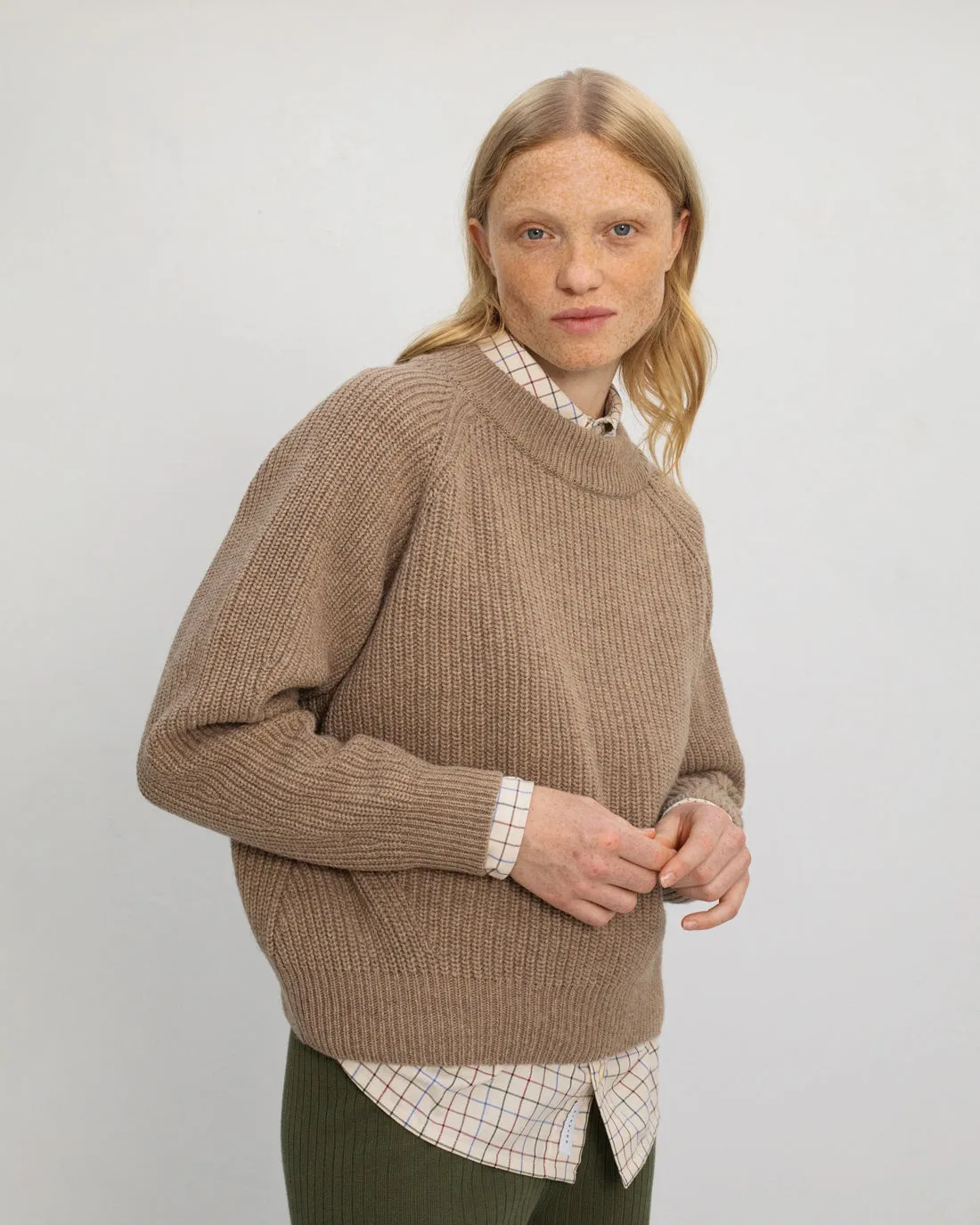 Cropped Knit Sweater Wool-Blend Beige