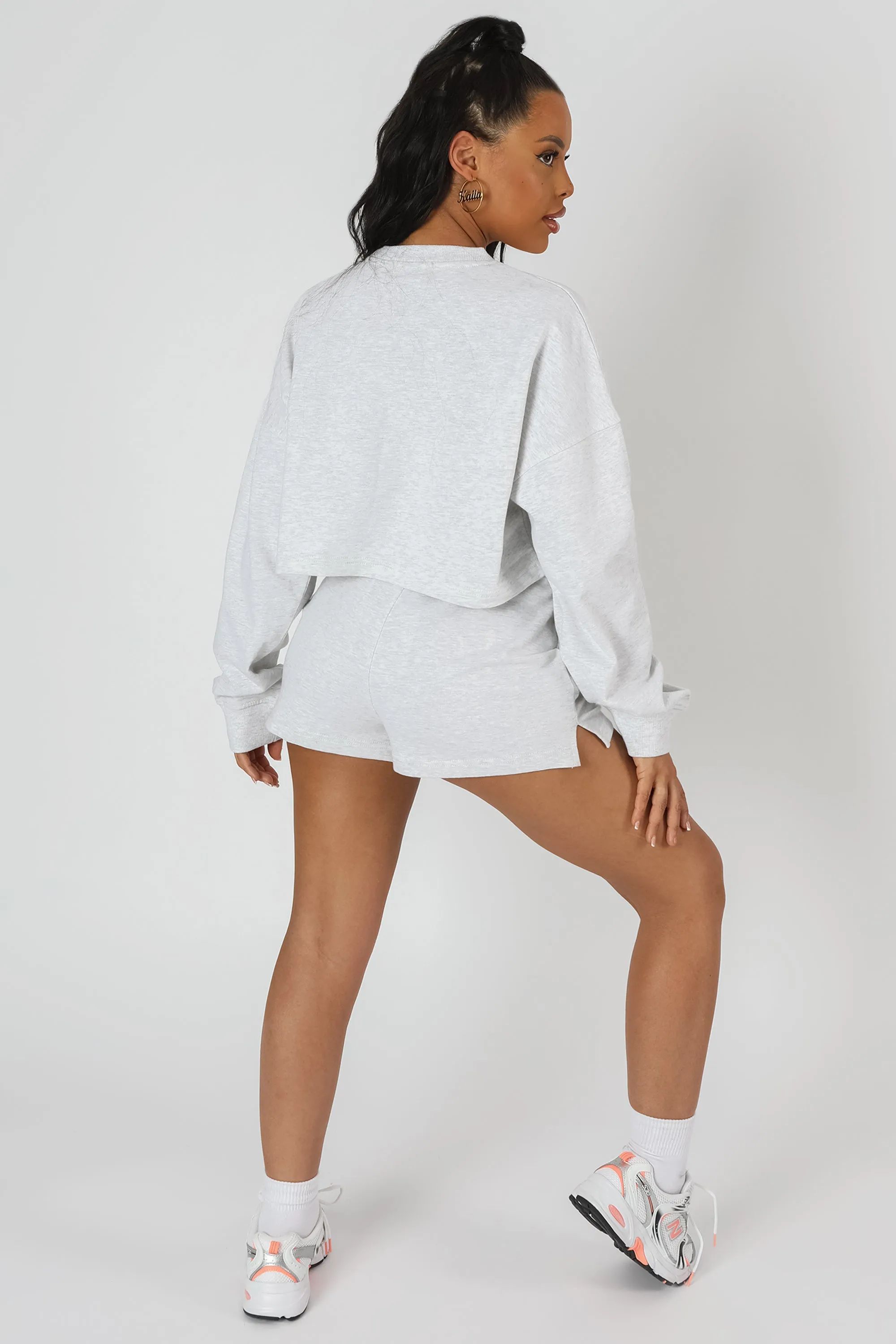 Cropped Slogan Oversized Sweater Oatmeal Marl