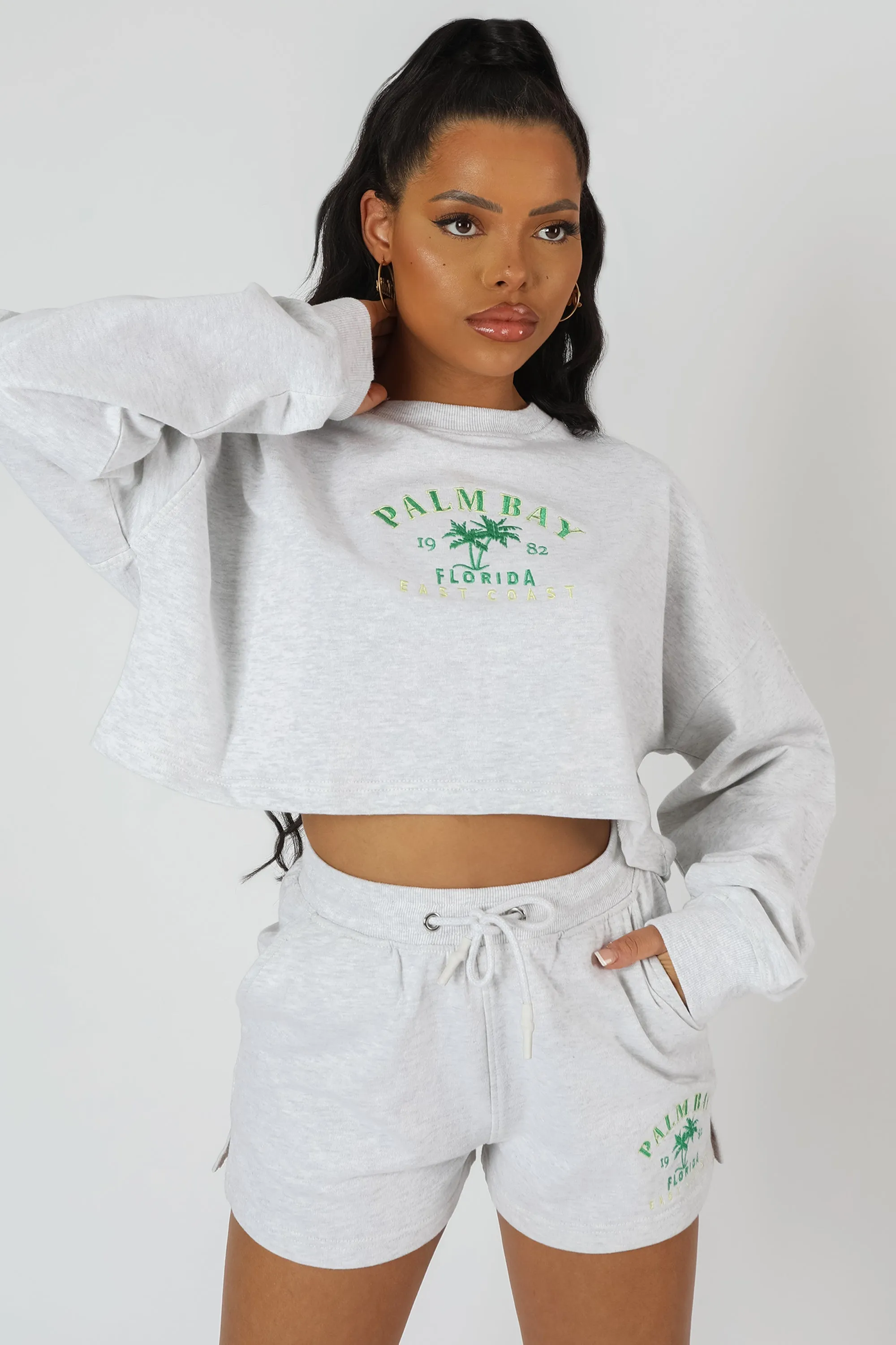 Cropped Slogan Oversized Sweater Oatmeal Marl