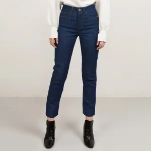 Cropped Straight Leg Denim In Mid Blue with Tobacco Stitch