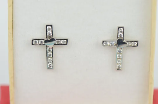 Cross Earrings Screw Back Heart CZ Stud Earrings in 14K Yellow and White Gold / Aretes de Cruz con Corazón Oro Real para Mujer / Womens Heart Earrings / Gold Stud Earrings