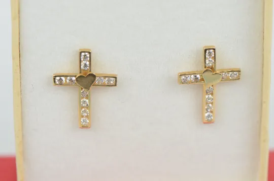 Cross Earrings Screw Back Heart CZ Stud Earrings in 14K Yellow and White Gold / Aretes de Cruz con Corazón Oro Real para Mujer / Womens Heart Earrings / Gold Stud Earrings