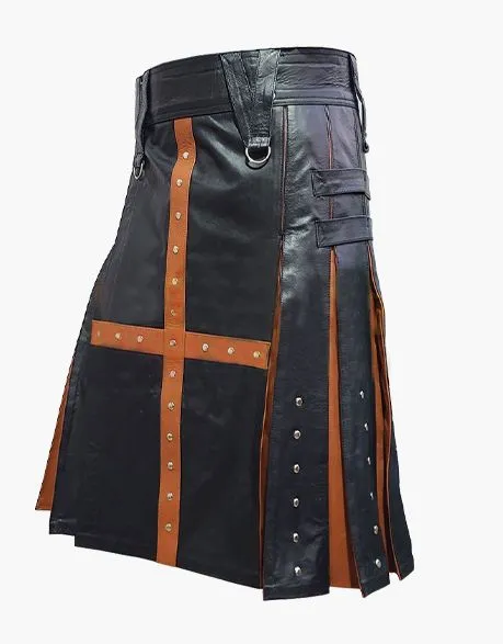 CROSS STRAP LEATHER KILT IN BLACK AND BROWN