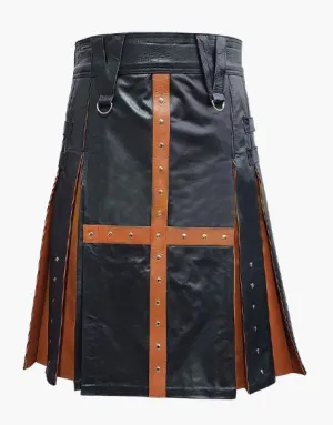 CROSS STRAP LEATHER KILT IN BLACK AND BROWN