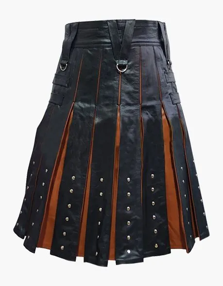 CROSS STRAP LEATHER KILT IN BLACK AND BROWN