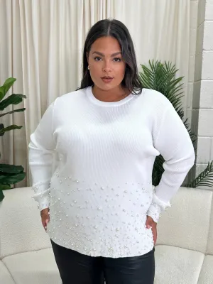 Cruz White Pearl Detailed Ribbed Plus Size Jumper