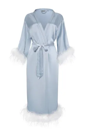 CRYSTAL BLUE BRIDE-TO-BE SILK LONG ROBE WITH REMOVABLE FEATHERS