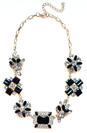 Crystal Cluster Jewels Statement Necklace- Black