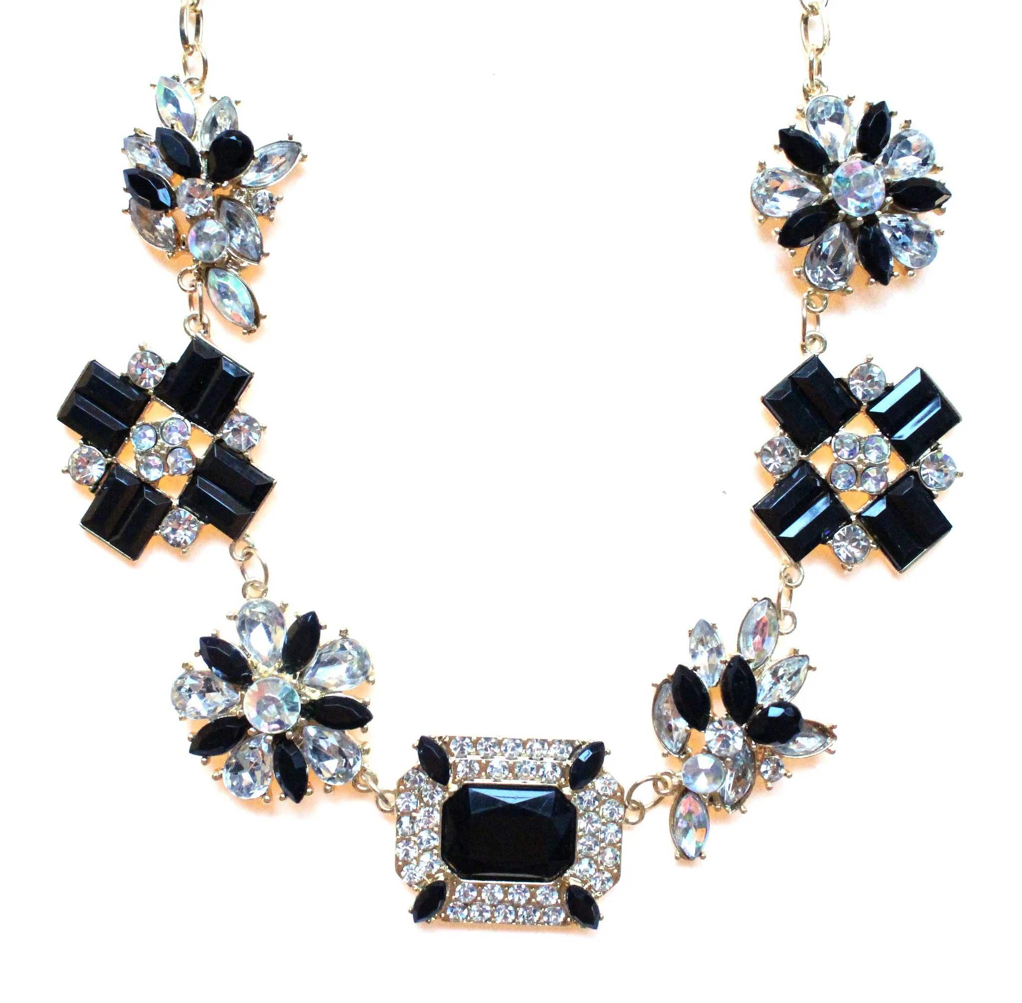 Crystal Cluster Jewels Statement Necklace- Black