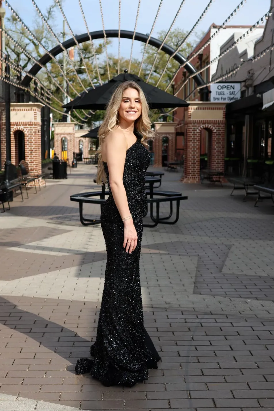 Crystal One Shoulder Long Sleeve Sequin Gown