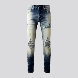 Crystal-patch men's vintage jeans