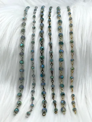 Crystal Round Iridescent Rosary faceted glass beads Beaded Chain 6mm and 4 mm Silver Gold or Bronze, pin 1 Meter (39 ") Fast Ship