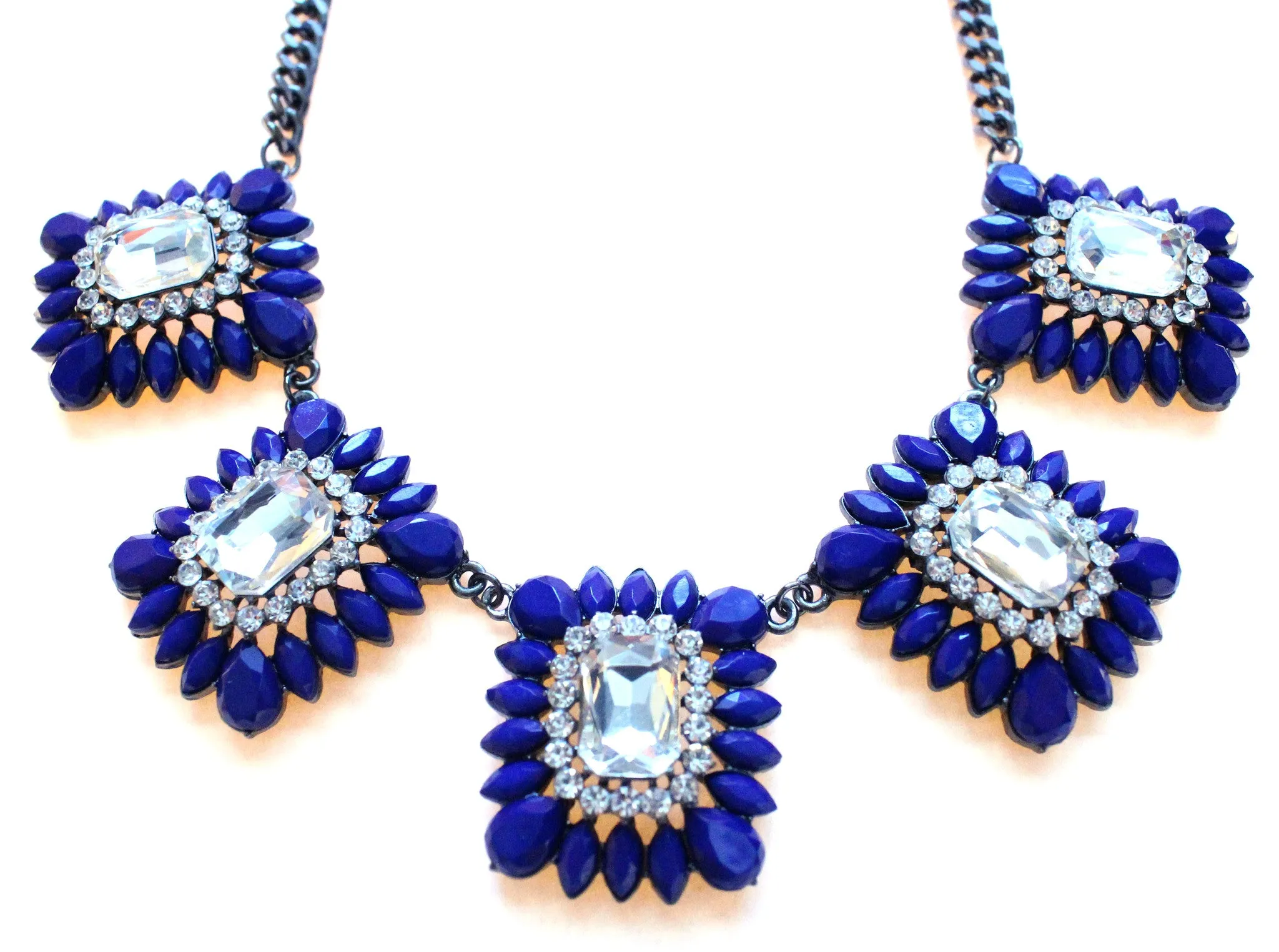 Crystal Square Jeweled Statement Necklace- Royal