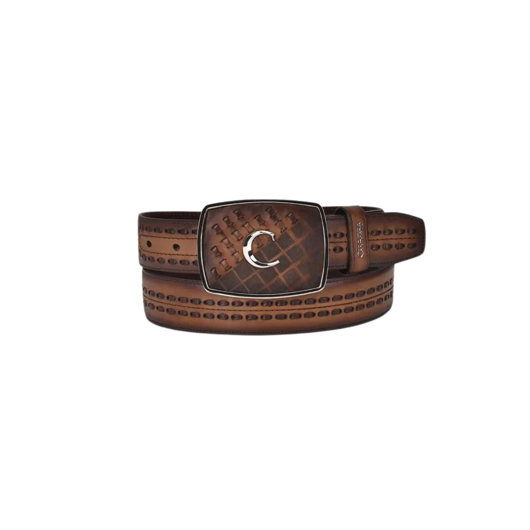 Cuadra Men's Laser & Woven Honey Brown Leather Belt