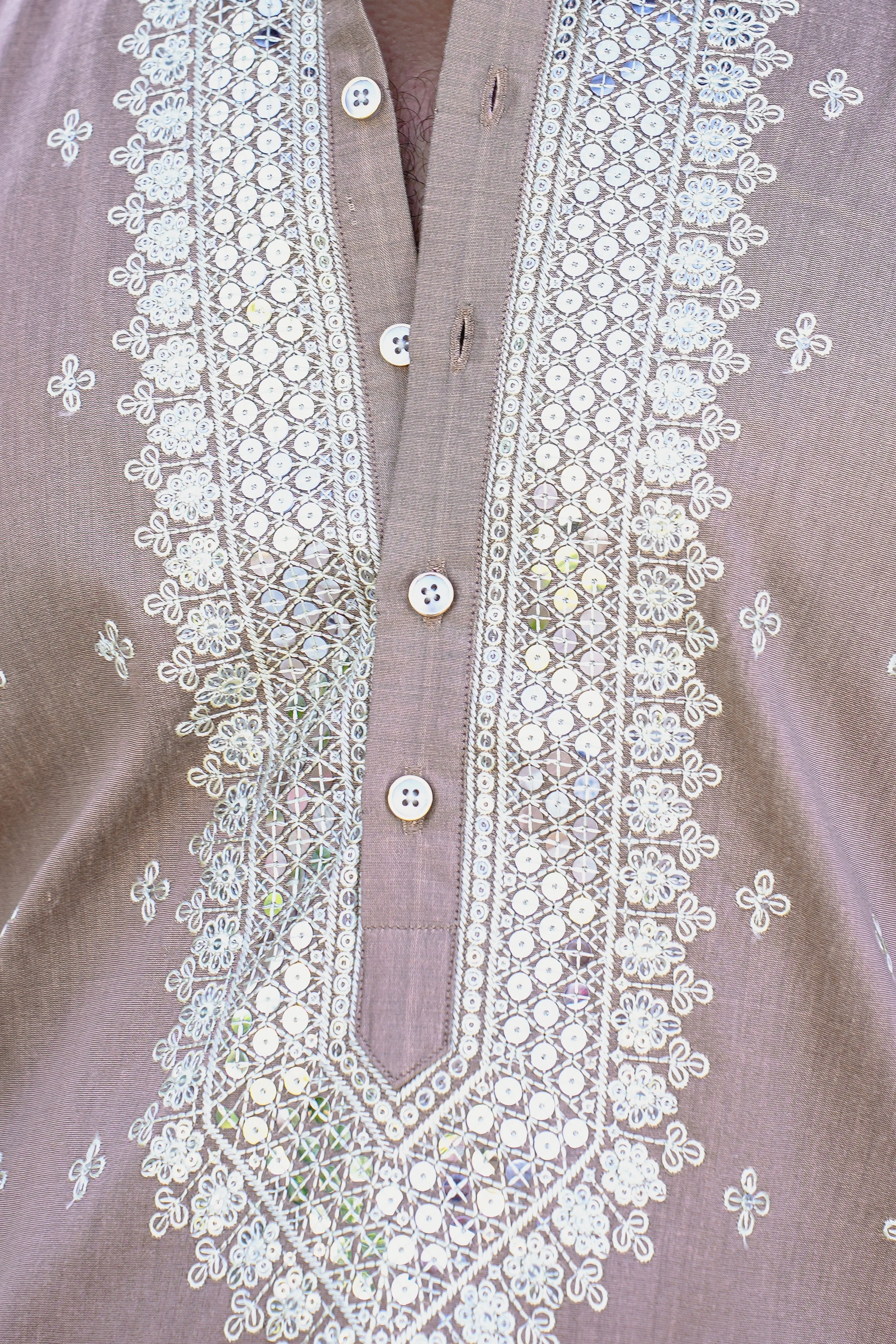 CUBAN SAND KURTA SET WITH INTRICATE SEQUINS NECK EMBROIDERY AROUND PLACKET