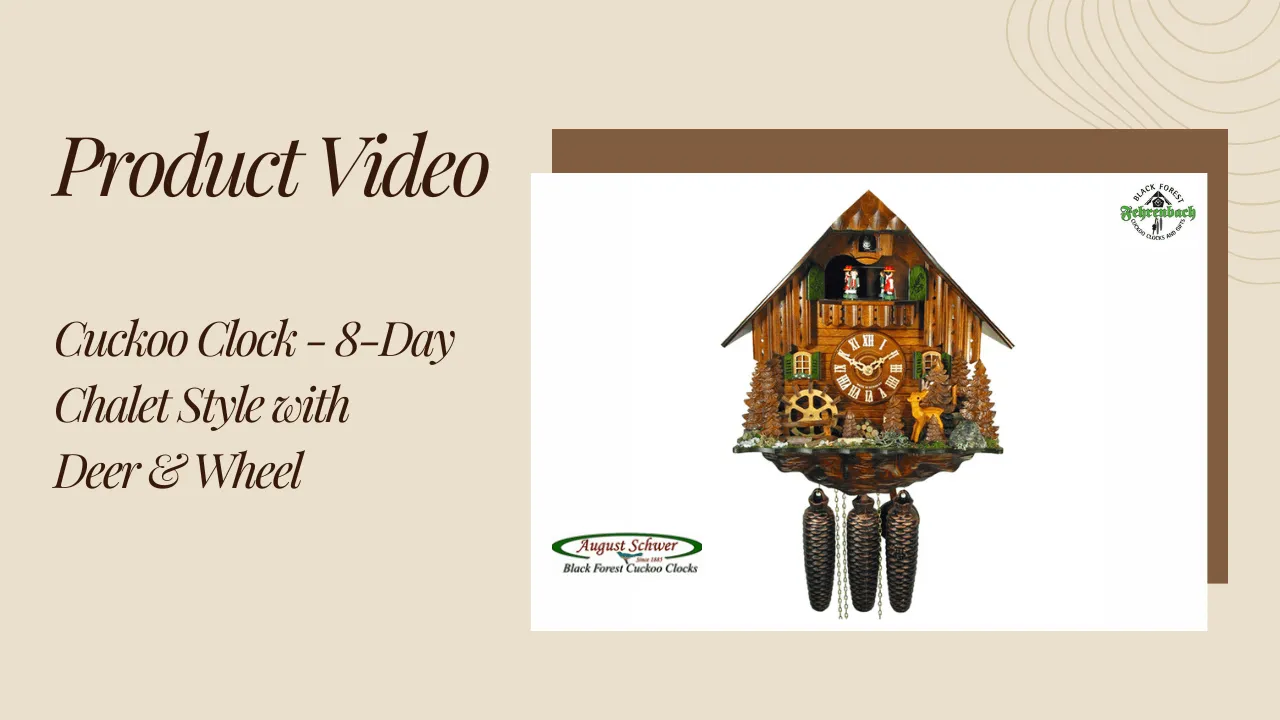 Cuckoo Clock - 8-Day Chalet Style with Deer & Wheel - August Schwer