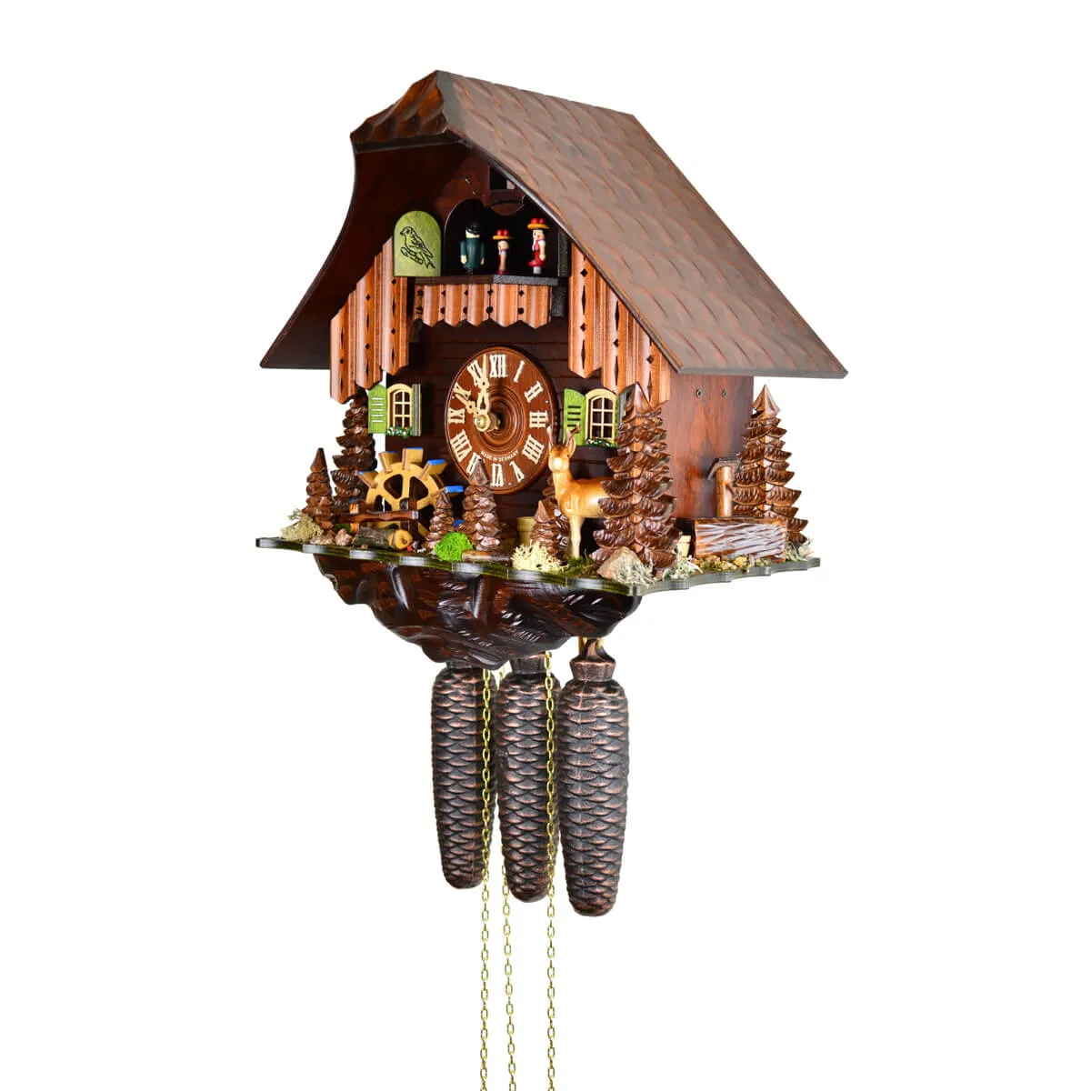 Cuckoo Clock - 8-Day Chalet Style with Deer & Wheel - August Schwer