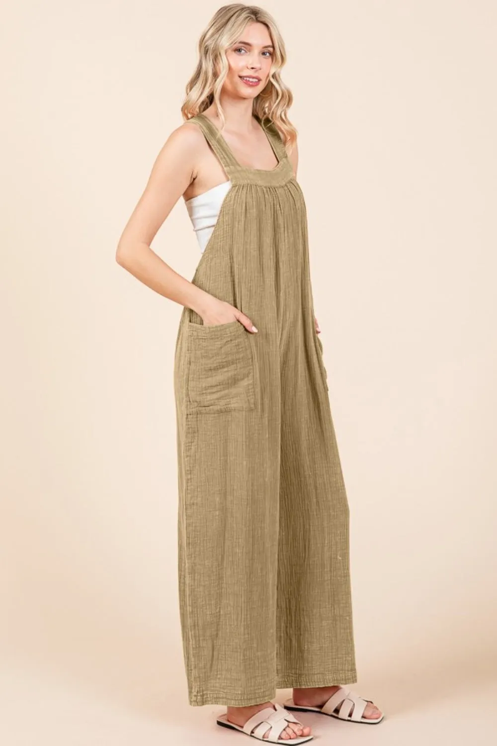 Culture Code Full Size Pocketed Sleeveless Wide Leg Overalls