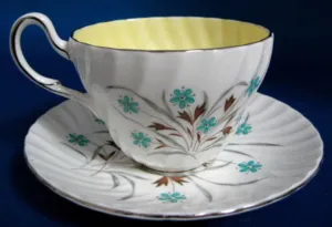 Cup And Saucer Foley Retro Aqua Floral Yellow Interior Platinum Trim 1950s