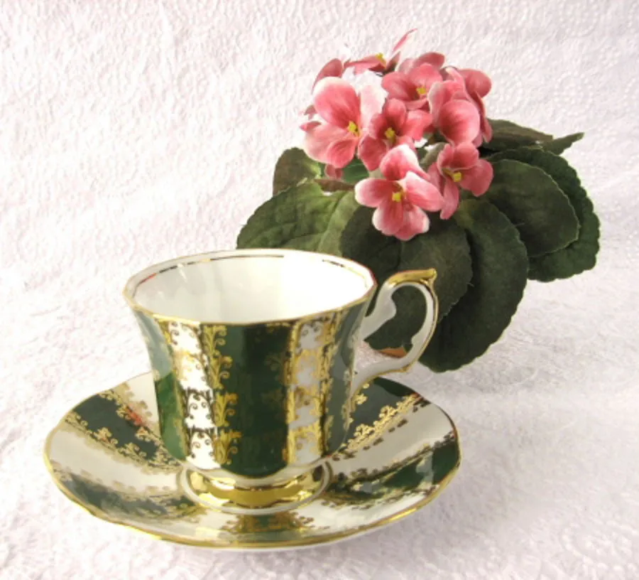 Cup And Saucer Gold Overlay Green Bands Elizabethan England 1960s