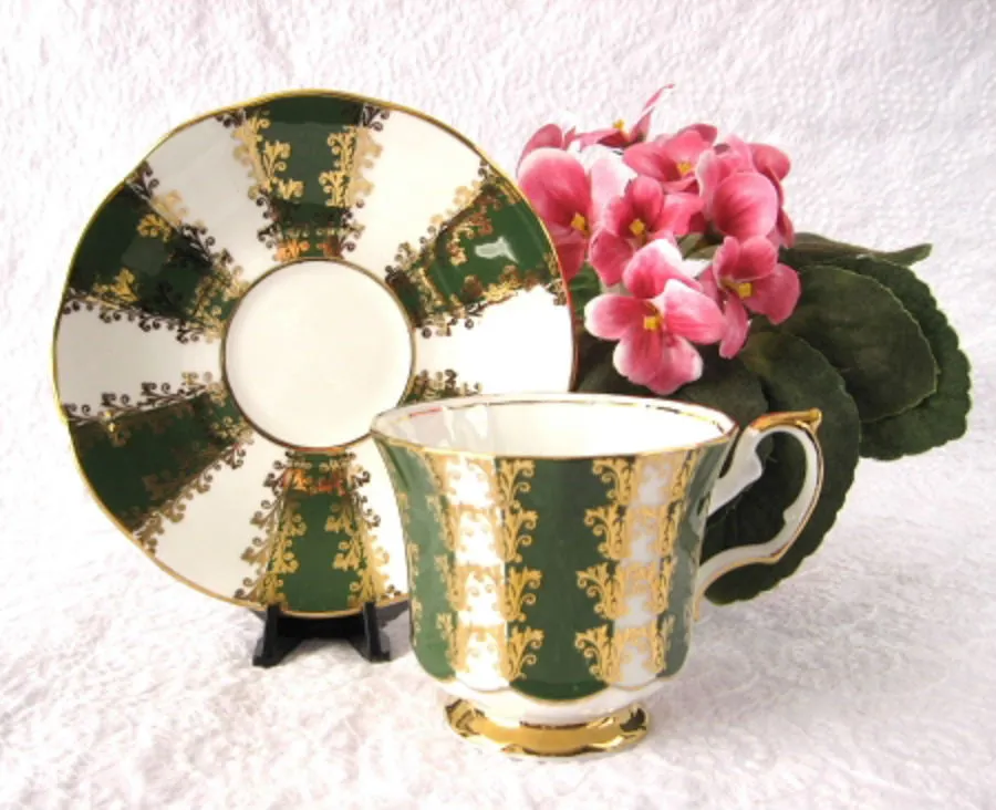 Cup And Saucer Gold Overlay Green Bands Elizabethan England 1960s