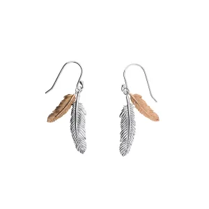 Curving Double Feather Drop Earrings - Silver & Rose Gold Vermeil