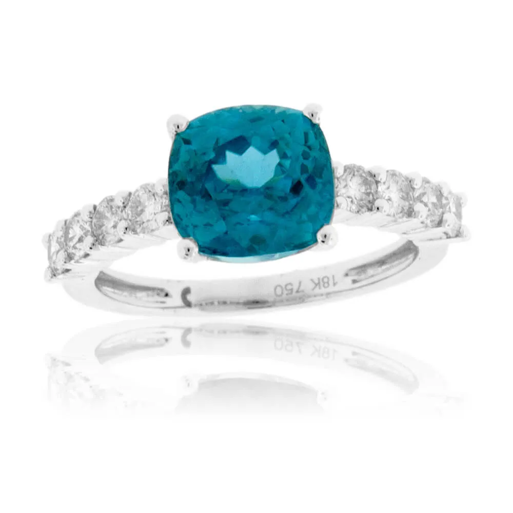 Cushion Cut Blue Zircon & Diamond Lined Ring