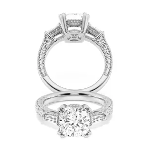 Cushion Cut Moissanite Filigree with Baguettes Vintage Engagement Ring