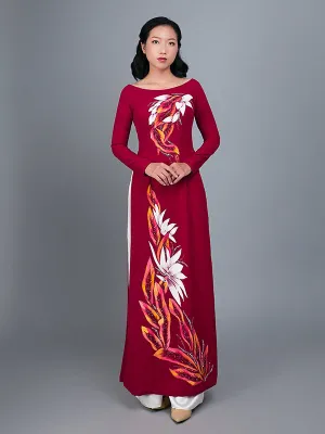 Custom Ao Dai Hand-Painted Floral Motif On  Red Silk